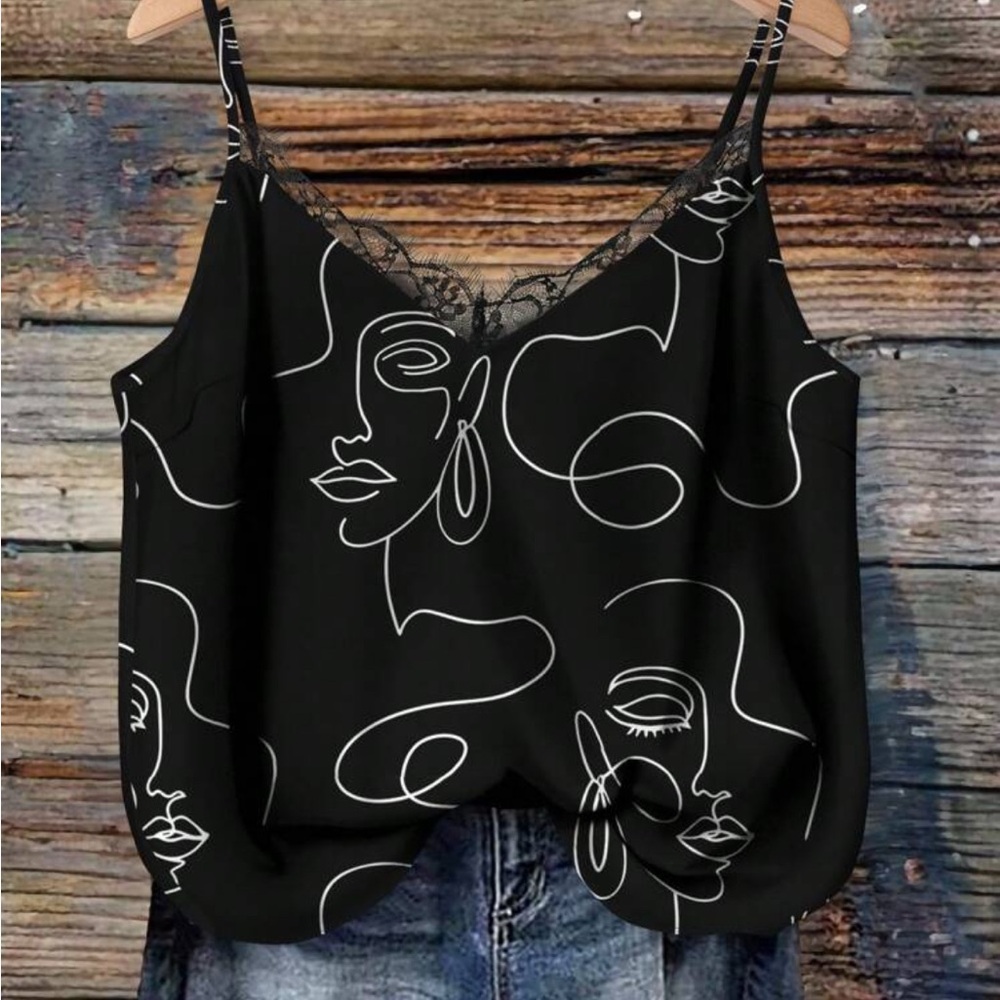 Plus Size Black Camisole with Abstract Face Design